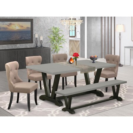 East West Furniture 6 Piece V-Style Modern Dining Table Set - Wire Brushed Black V697SI648-6